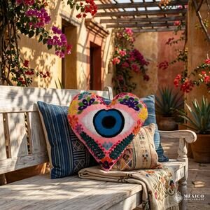 Mexican hand embroidered heart shape decorative pillow 15X16 in